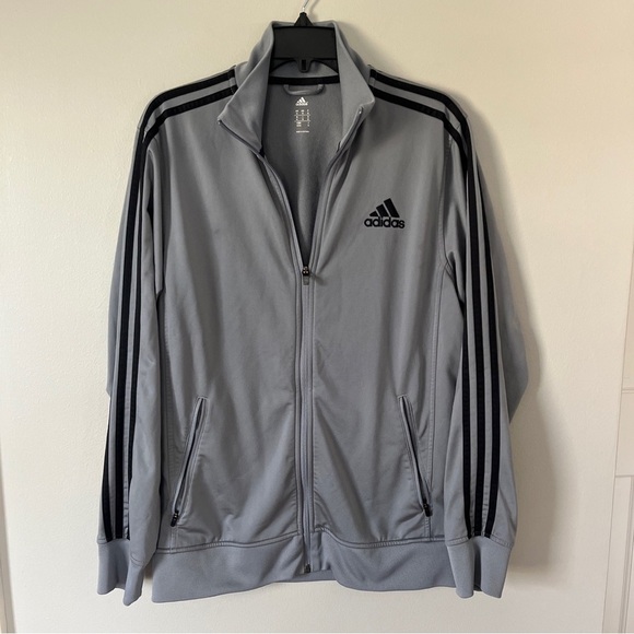 Adidas Gray-Black Track Jacket Sweatshirt Mens Medium Black Stripes No Hood - Picture 3 of 5